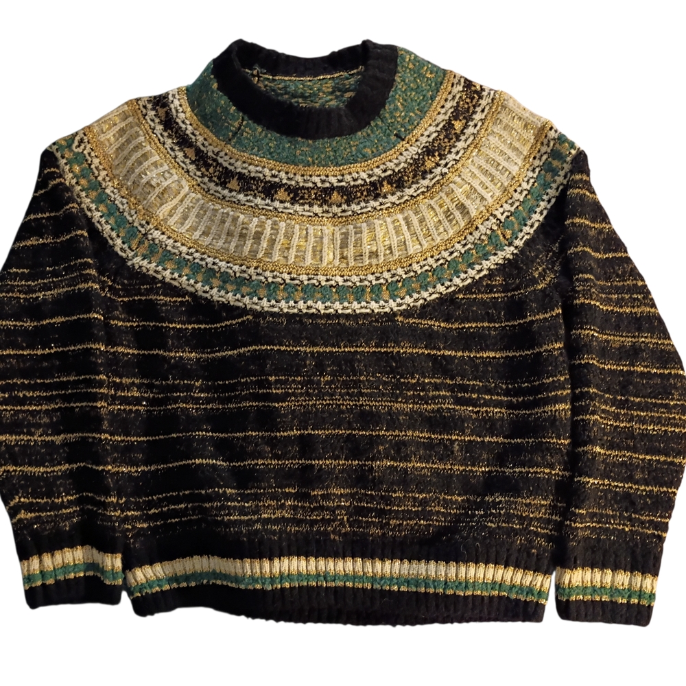 Women's 2019 CHANEL Black and Gold Egyptian Line Patterned Sweater